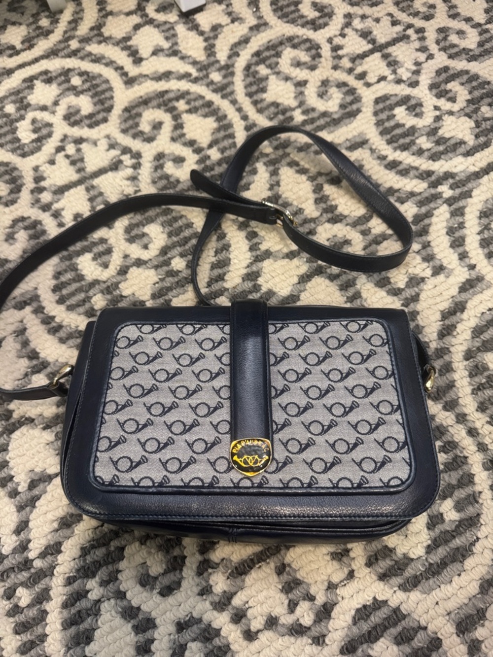 Vintage Pia D’Aubrac Blue Crossbody Bag with Patterned Front